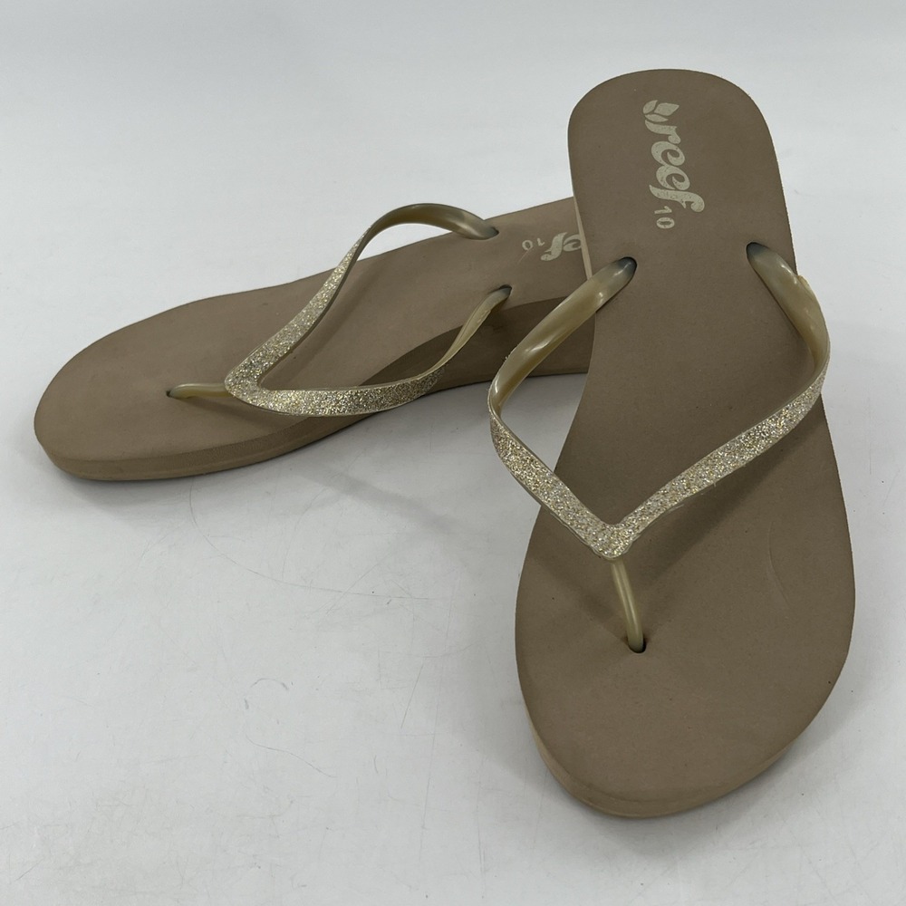 Reef‎ Krystal Star Womens Flip Flop Thong Platform Wedge Gold Beige 10 Sparkle